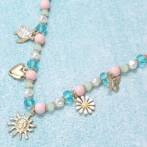 Blue Pink Butterfly Flower Turtle Sun Charm Necklace Heart Faceted Bead Chain